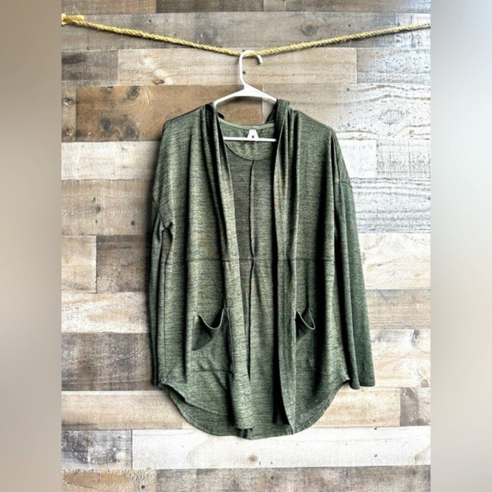 Mudd Olive Green Open Front Cardigan with Pockets & Hood Womens Size S